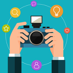 Photo camera in hand. Flat style