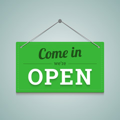 Come in we are open sign in flat style. Vector illustration.