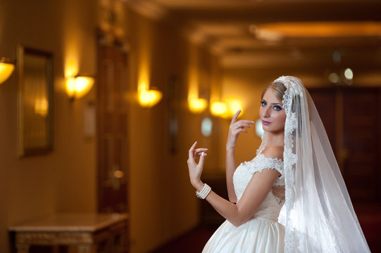 Young beautiful luxurious woman in wedding dress posing 