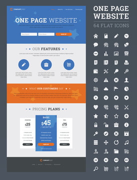 One Page Website Design Template With Set Of Flat Icons.