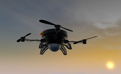 Fototapeta na wymiar Flying drone by sunset