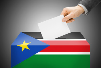 Ballot box painted into national flag colors - South Sudan