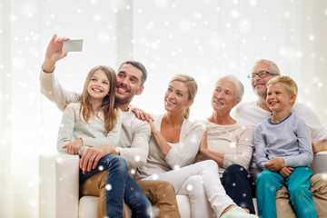happy family taking selfie with smartphone at home