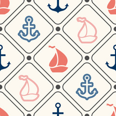 Seamless vector pattern of anchor, sailboat shape in frame
