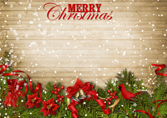 Christmas wood background with firtree,cardinal and poinsettia