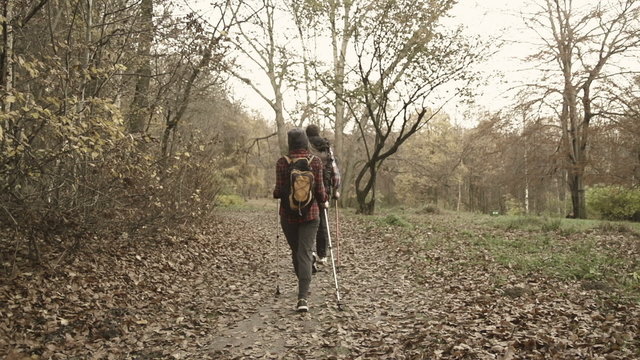 Couple hiking in autumn forest, super slow motion,shot at 240fps