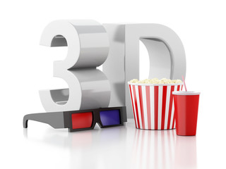 Fototapeta na wymiar popcorn, drink and 3d glasses. 3d illustration