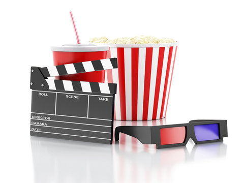 cinema clapper, popcorn, drink and 3d glasses. 3d illustration