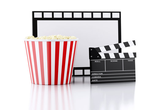 cinema clapper, popcorn and film reel. 3d illustration