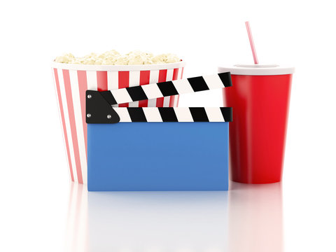 cinema clapper, popcorn and drink. 3d image