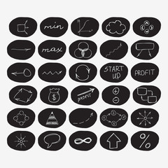 Set of hand-drawn start-up icons in black circles.
