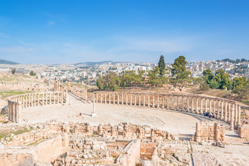 Naklejka premium Roman Oval Forum in the ancient Jerash, Jordan.
