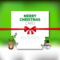 Merry Christmas greeting card with reindeer and snowman, vector