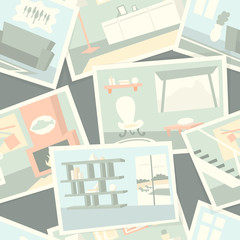 Pattern with home interior photos. Vector illustration.