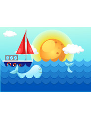 Naklejka premium landscape sea waves with whale and boat