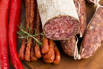 Different sausages and salami
