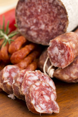 Different sausages and salami