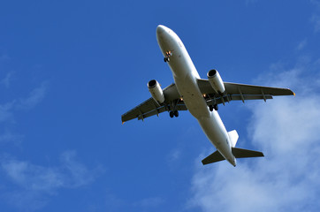Commercial airplane flying in blue sky