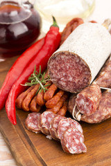 Different sausages and salami