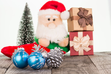 Christmas baubles and Santa Claus toy