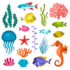 Fototapeta premium Marine life set of icons, objects and sea animals.