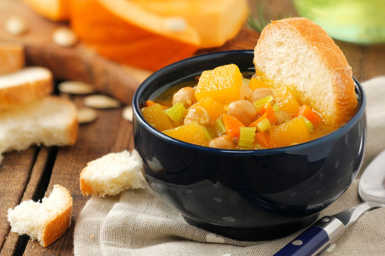Healthy vegetarian pumpkin and chickpea soup