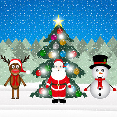 Sata Claus, a reindeer and a snowman near a decorated Christmas