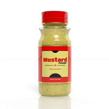 3D Mustard Powder Glass Bottle Isolated On White