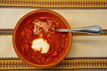 Borsch, traditional russian and ukrainian soup with sour cream