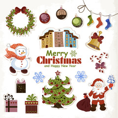 Set of Christmas stickers Santa Claus, snowman,  tree and gifts