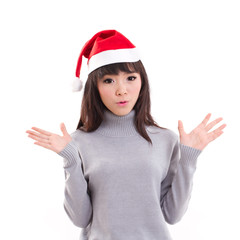 surprised woman with X'mas santa hat on white background