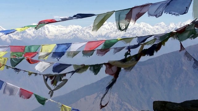 Prayer flags Lungta (flying horses). Himalayas.