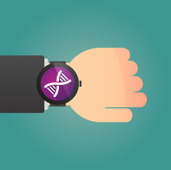 Hand with a smart watch displaying a DNA sign