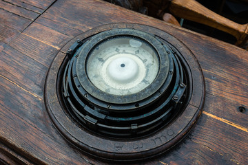 Old ships compass on deck of a boat