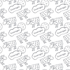 Black and white seamless vector pattern with images cute sheep