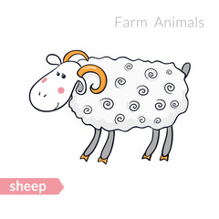 Vector cute cartoon sheep with thick fur isolated background