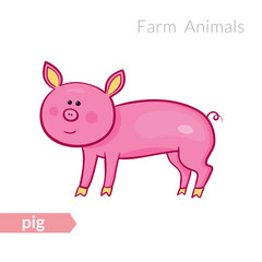 Vector cute cartoon pink pig isolated background in doodle style