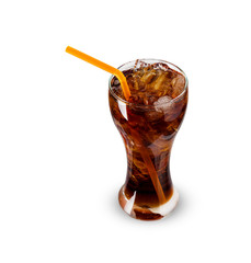 Glass of cola with ice on white background