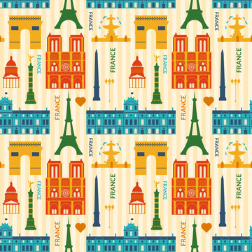 Landmarks of France colorful seamless pattern