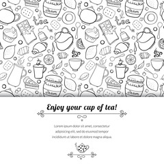 Fototapeta na wymiar Tea and sweets black and white vector background
