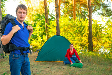 morning business couple on vacation in camping