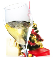 glass of wine and Christmas tree