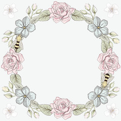 floral frame and bees engraving style