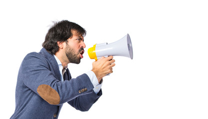 Businessman shouting over isolated white background