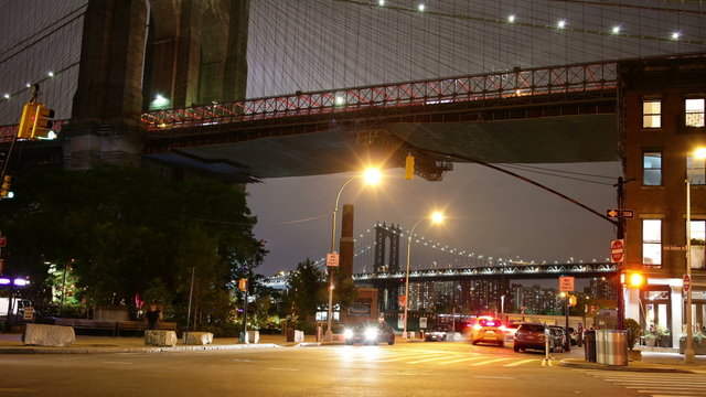 under brooklyn bridge night light street 4k time lapse new york