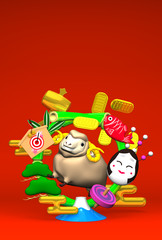 Smile Brown Sheep, New Year's Bamboo Wreath On Red