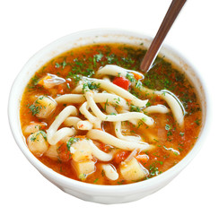lagman soup in white bowl isolated
