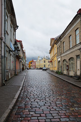 Fototapeta na wymiar cobbled streets of old Tallinn in rainy weather