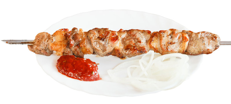 One Lamb Shish Kebab On White Plate Isolated