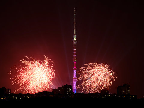 Moscow view with TV Tower and red fireworks